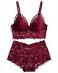 Plus Size Floral Lace Bra and Boyshort Set in Burgundy, laid flat to show the full piece.