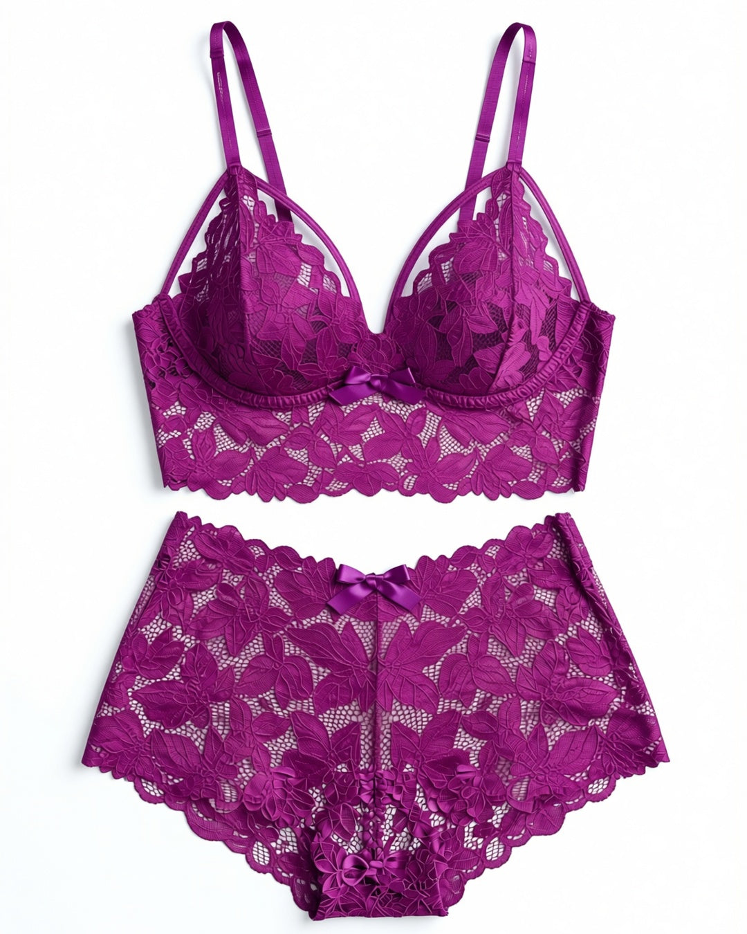 Plus Size Floral Lace Bra and Boyshort Set in Purple, laid flat to show the full piece.