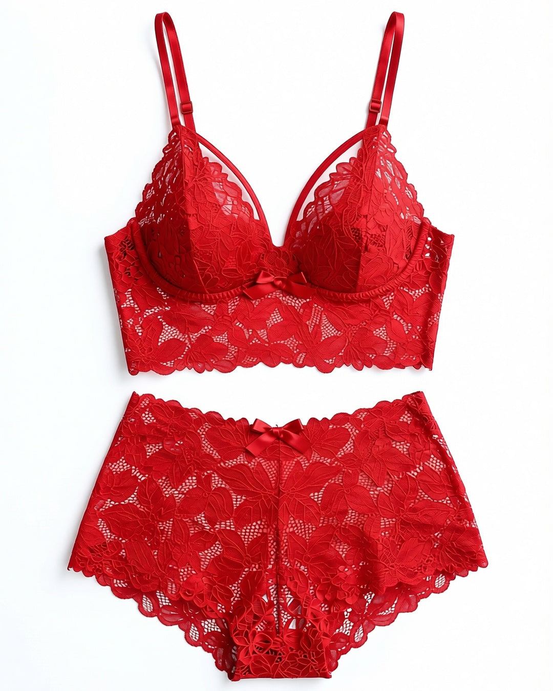 Plus Size Floral Lace Bra and Boyshort Set in Red, laid flat to show the full piece.