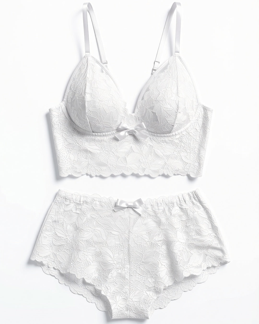 Plus Size Floral Lace Bra and Boyshort Set in White, laid flat to show the full piece.