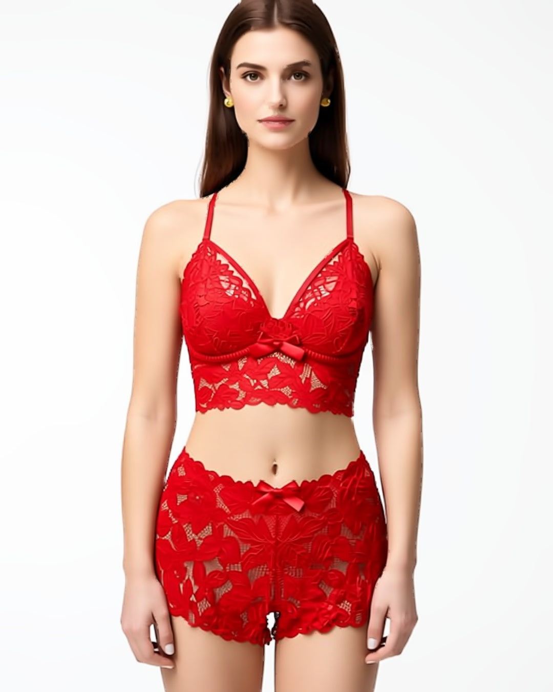 Plus Size Floral Lace Bra and Boyshort Set in Red, front view on model Layla (EUP-W04). onmodel