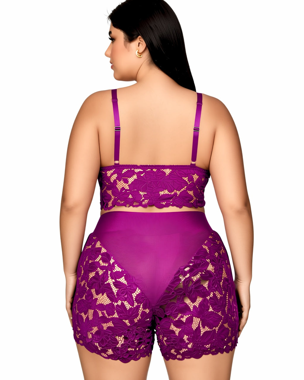 Plus Size Floral Lace Bra and Boyshort Set in Purple, back view on model Reem (EUP-W05). onmodel