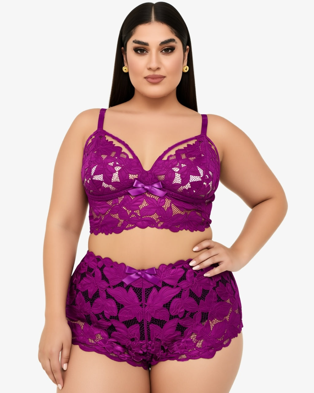 Plus Size Floral Lace Bra and Boyshort Set in Purple, front view on model Reem (EUP-W05). onmodel
