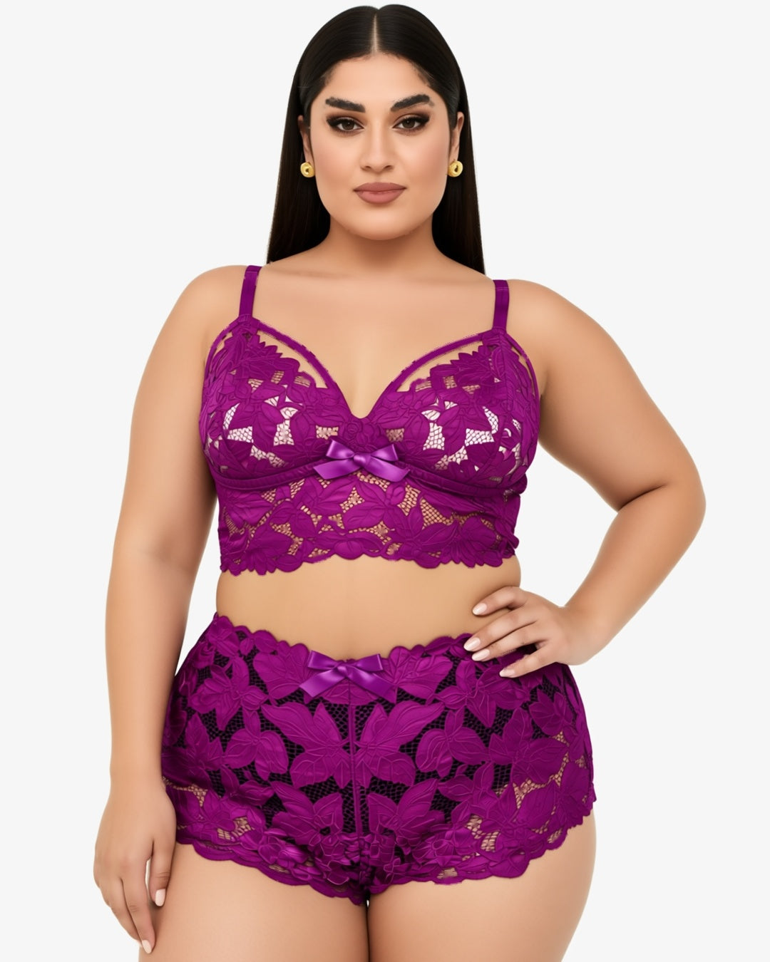 Plus Size Floral Lace Bra and Boyshort Set in Purple, front view on model Reem (EUP-W05). onmodel