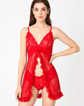 Plus Size Contrast Lace Lingerie Set in Red, front view on model Layla (EUP-W04). onmodel