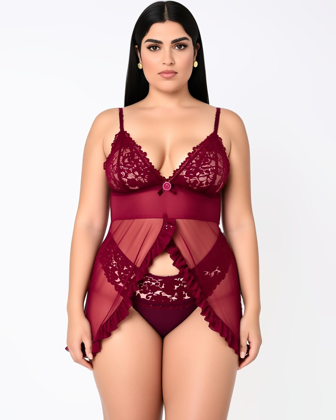 Plus Size Contrast Lace Lingerie Set in Burgundy, front view on model Reem (EUP-W05). onmodel