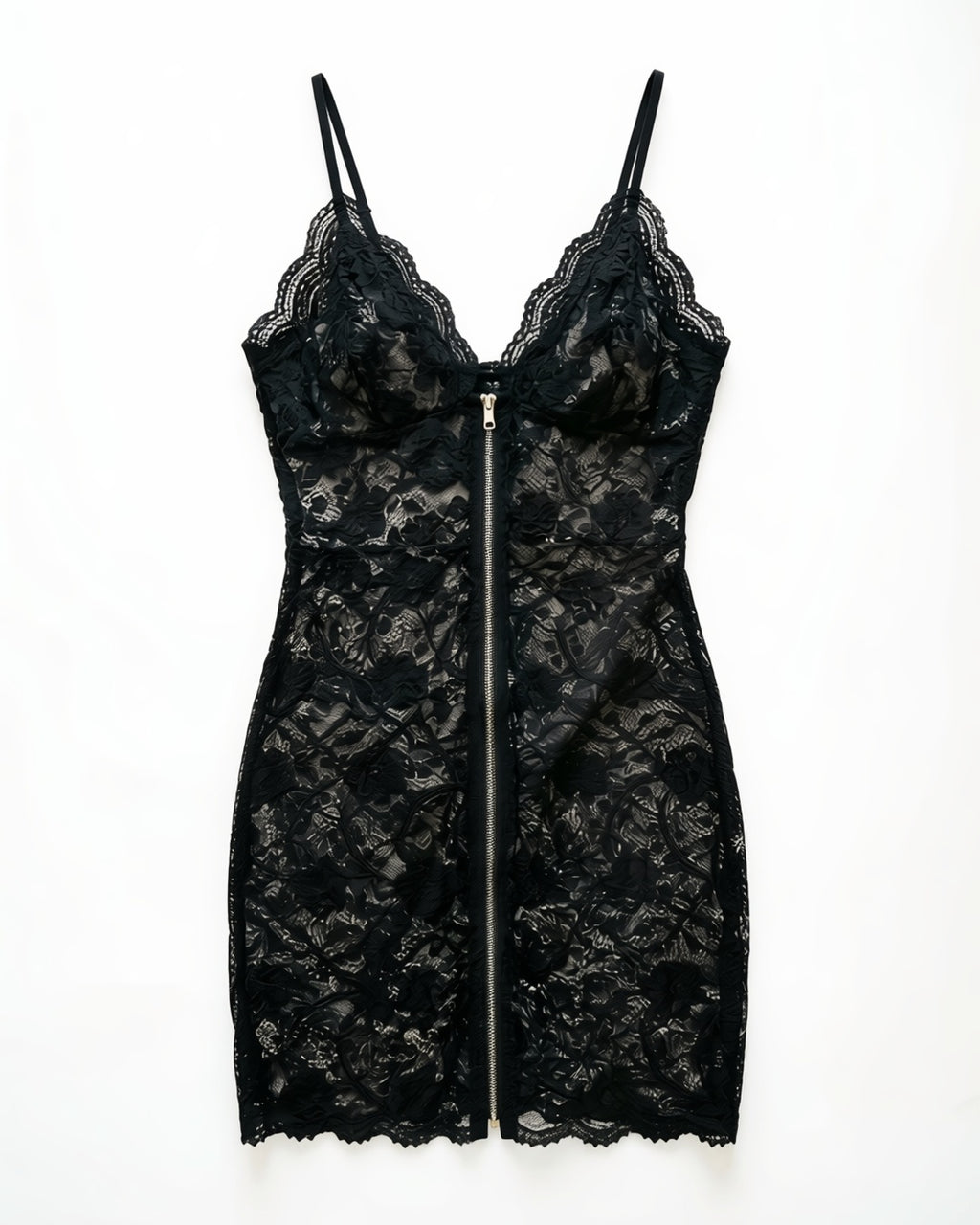 Plus Size Zip-Front Lace Trim Cami Nightgown, laid flat to show the full piece.
