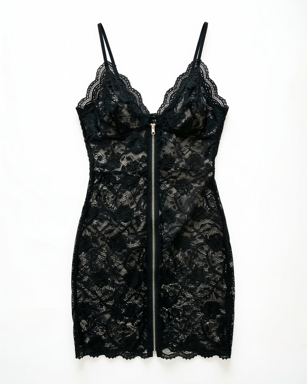 Plus Size Zip-Front Lace Trim Cami Nightgown, laid flat to show the full piece.
