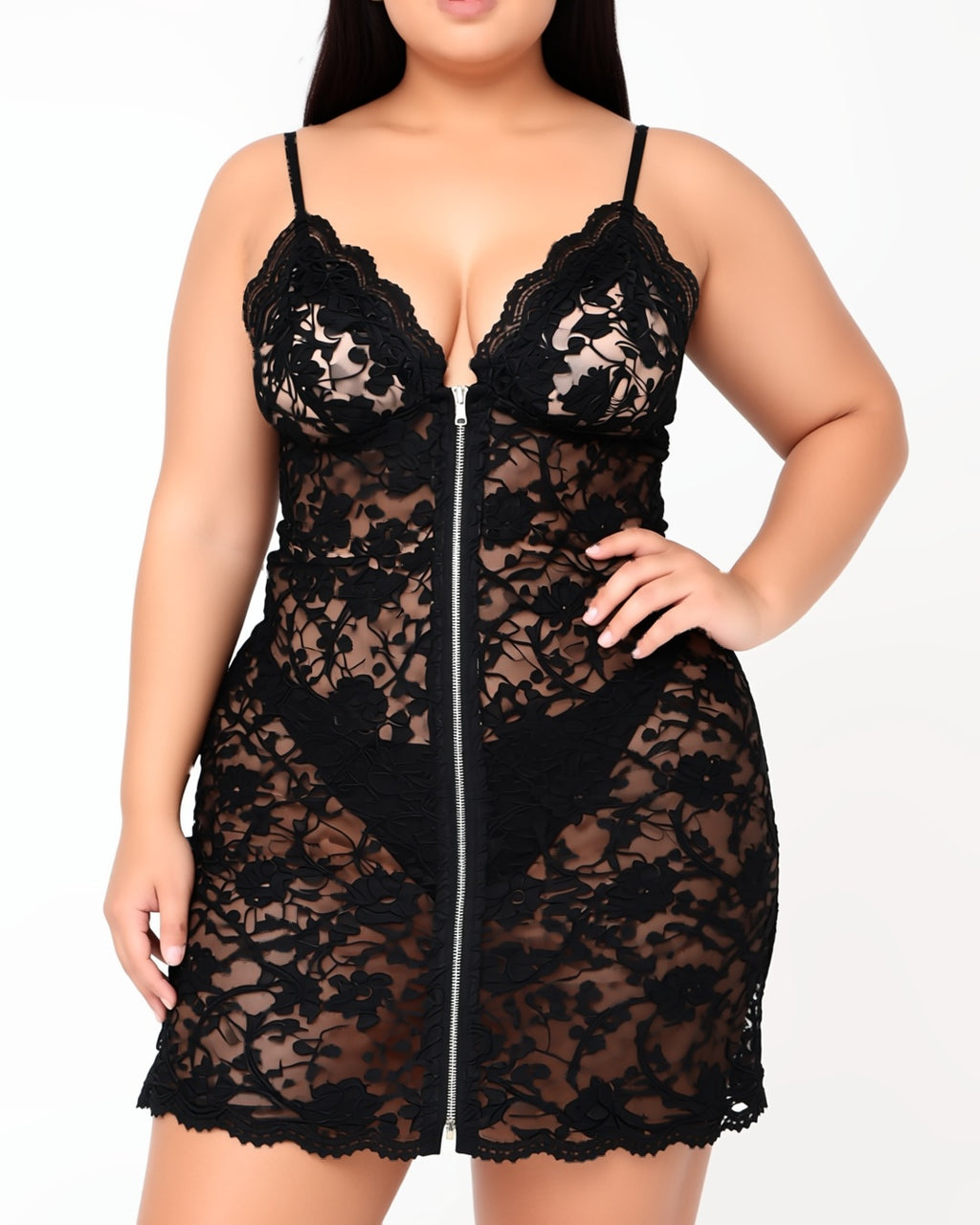 Plus Size Zip-Front Lace Trim Cami Nightgown, front view on model Reem (EUP-W05). The thong is styling only. onmodel