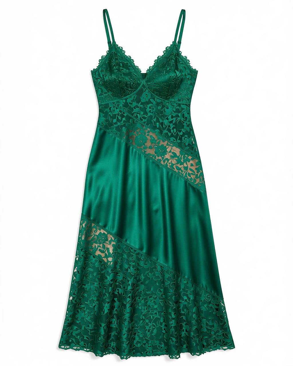Plus Size Lace Panel Long Nightgown in Green, laid flat to show the full piece.