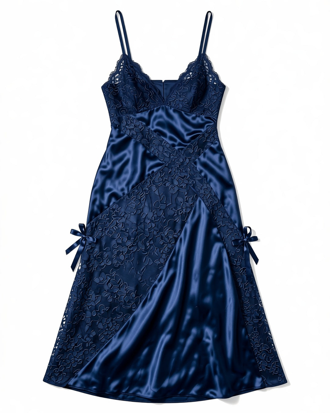 Plus Size Lace Panel Long Nightgown in Blue, laid flat to show the full piece.