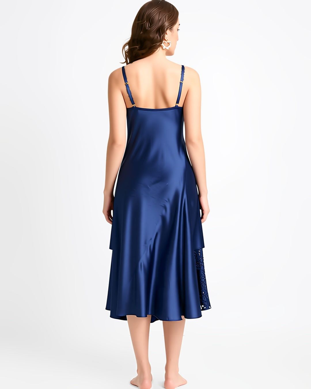 Plus Size Lace Panel Long Nightgown in Blue, back view on model Layla (EUP-W04). The thong is styling only. onmodel