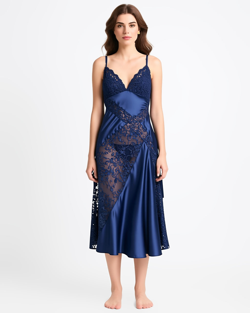 Plus Size Lace Panel Long Nightgown in Blue, front view on model Layla (EUP-W04). The thong is styling only. onmodel