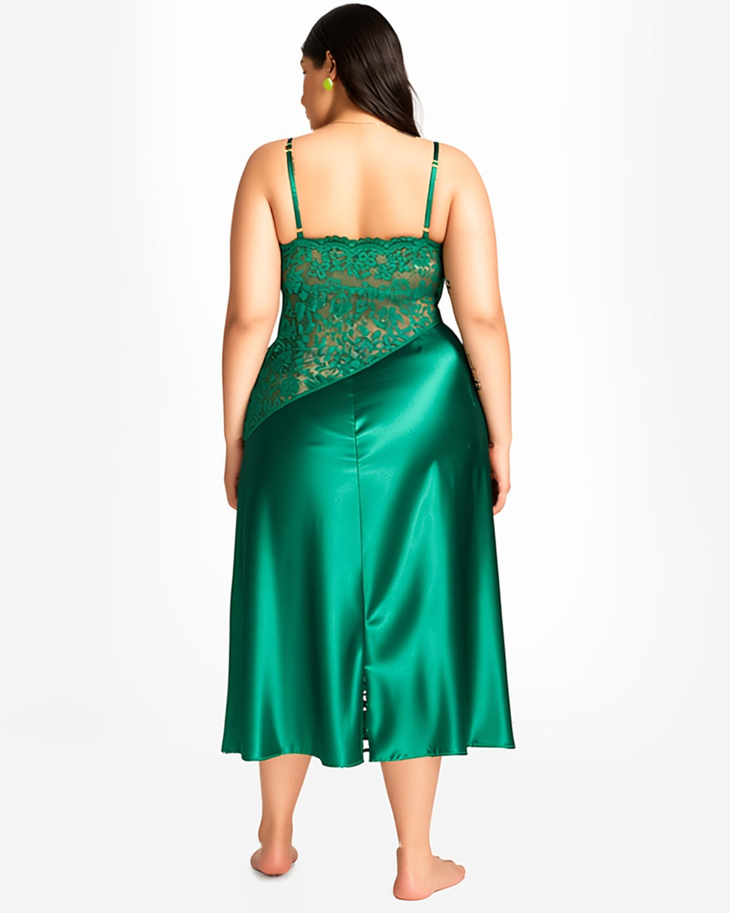 Plus Size Lace Panel Long Nightgown in Green, back view on model Reem (EUP-W05). The thong is styling only. onmodel
