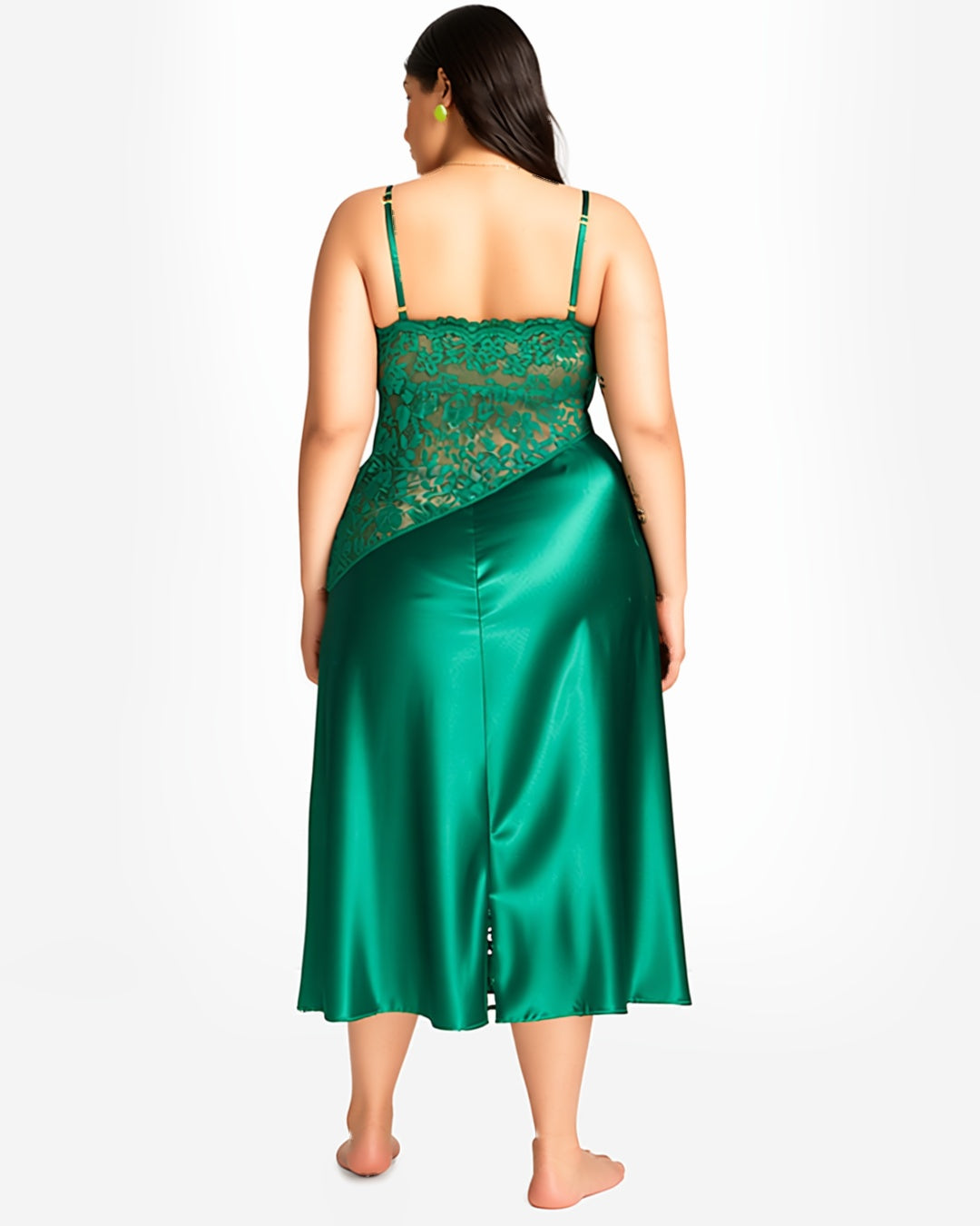 Plus Size Lace Panel Long Nightgown in Green, back view on model Reem (EUP-W05). The thong is styling only. onmodel