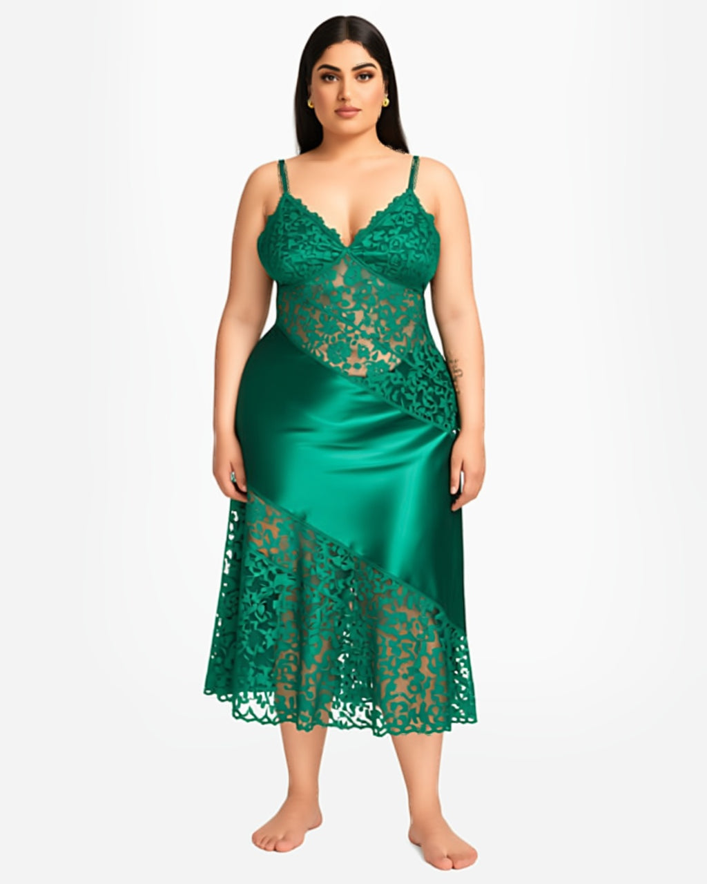 Plus Size Lace Panel Long Nightgown in Green, front view on model Reem (EUP-W05). The thong is styling only. onmodel