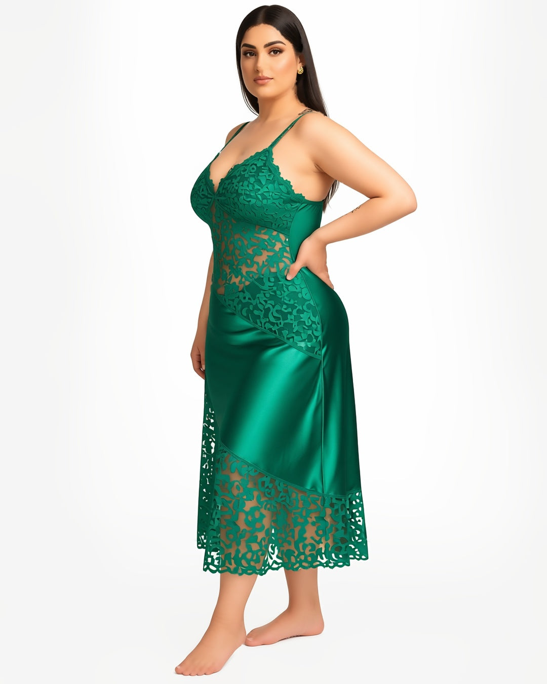 Plus Size Lace Panel Long Nightgown in Green, three-quarter view on model Reem (EUP-W05). The thong is styling only. onmodel