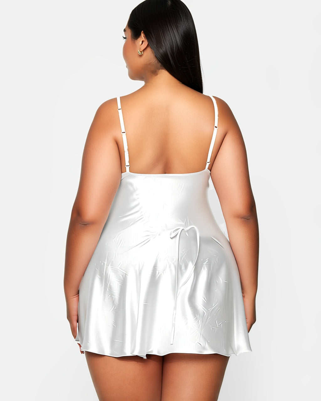 Plus Size Lace Trim Backless Slip Dress, back view on model Reem (EUP-W05). The thong is styling only. onmodel