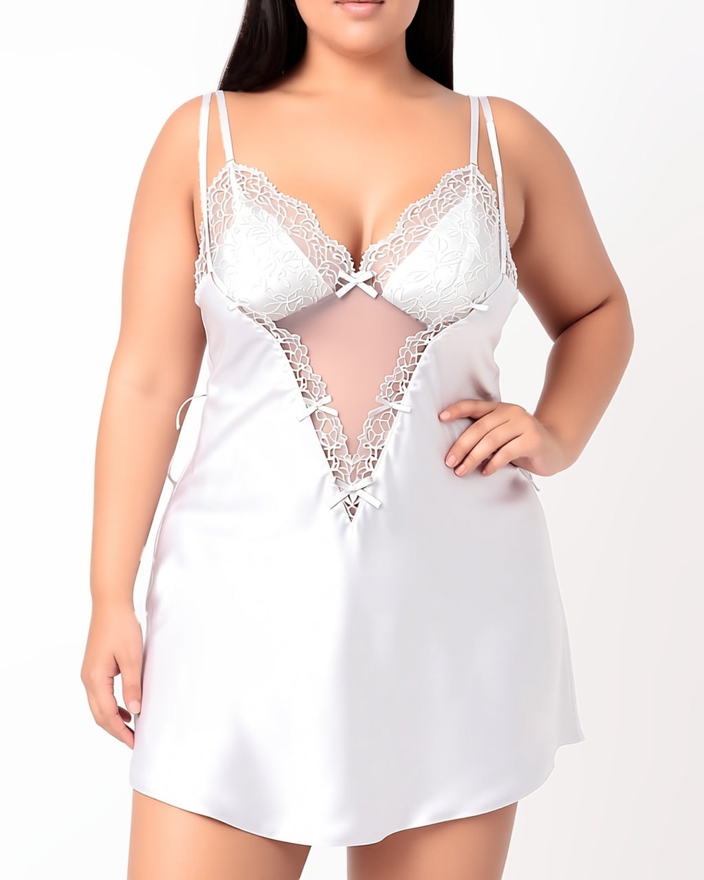 Plus Size Lace Trim Backless Slip Dress, front view on model Reem (EUP-W05). The thong is styling only. onmodel