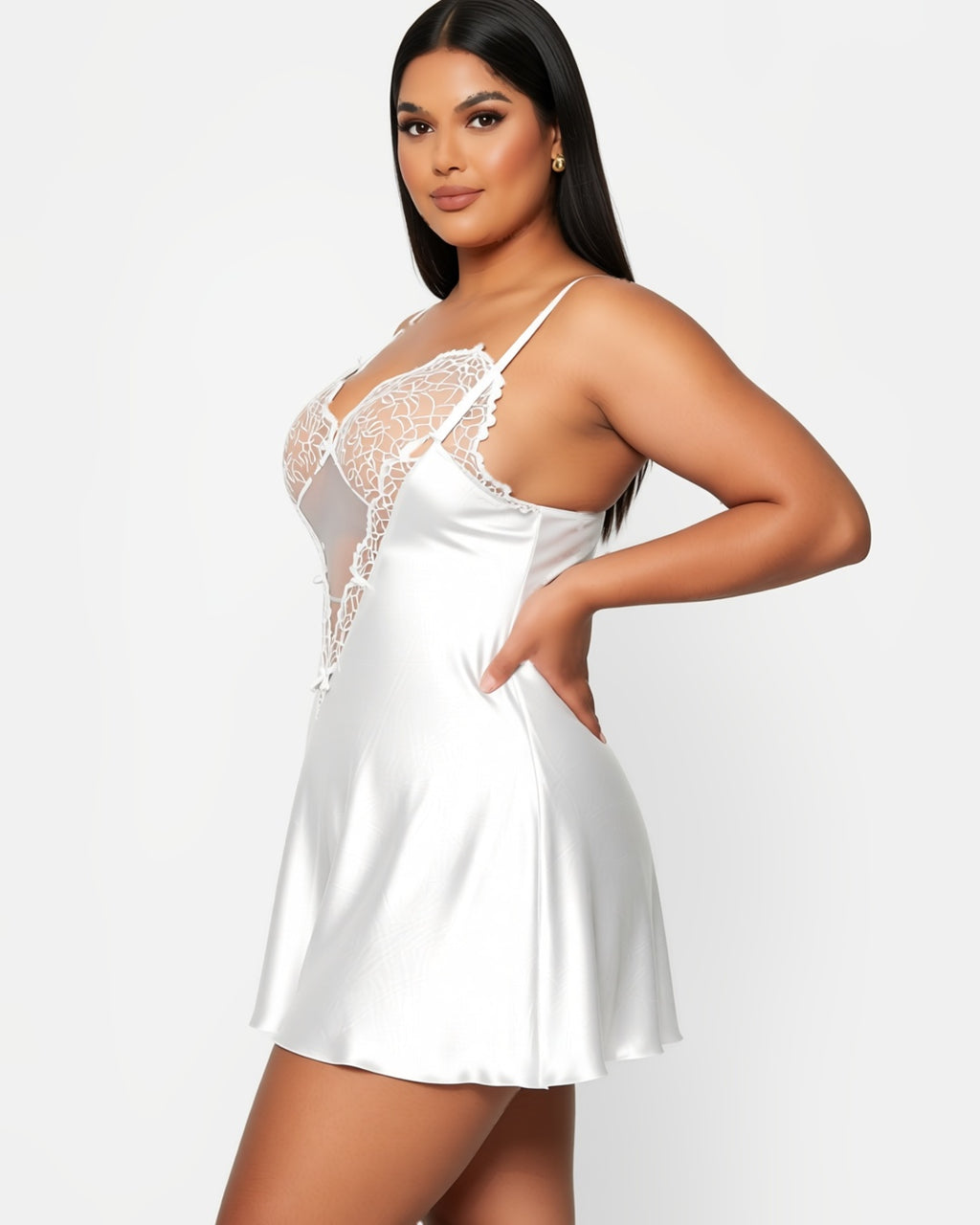 Plus Size Lace Trim Backless Slip Dress, three-quarter view on model Reem (EUP-W05). The thong is styling only. onmodel