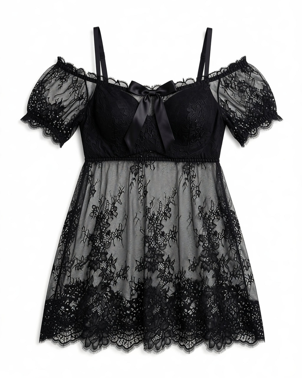 Plus Size Eyelash Lace Nightgown with Bow, laid flat to show the full piece.