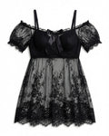 Plus Size Eyelash Lace Nightgown with Bow, laid flat to show the full piece.