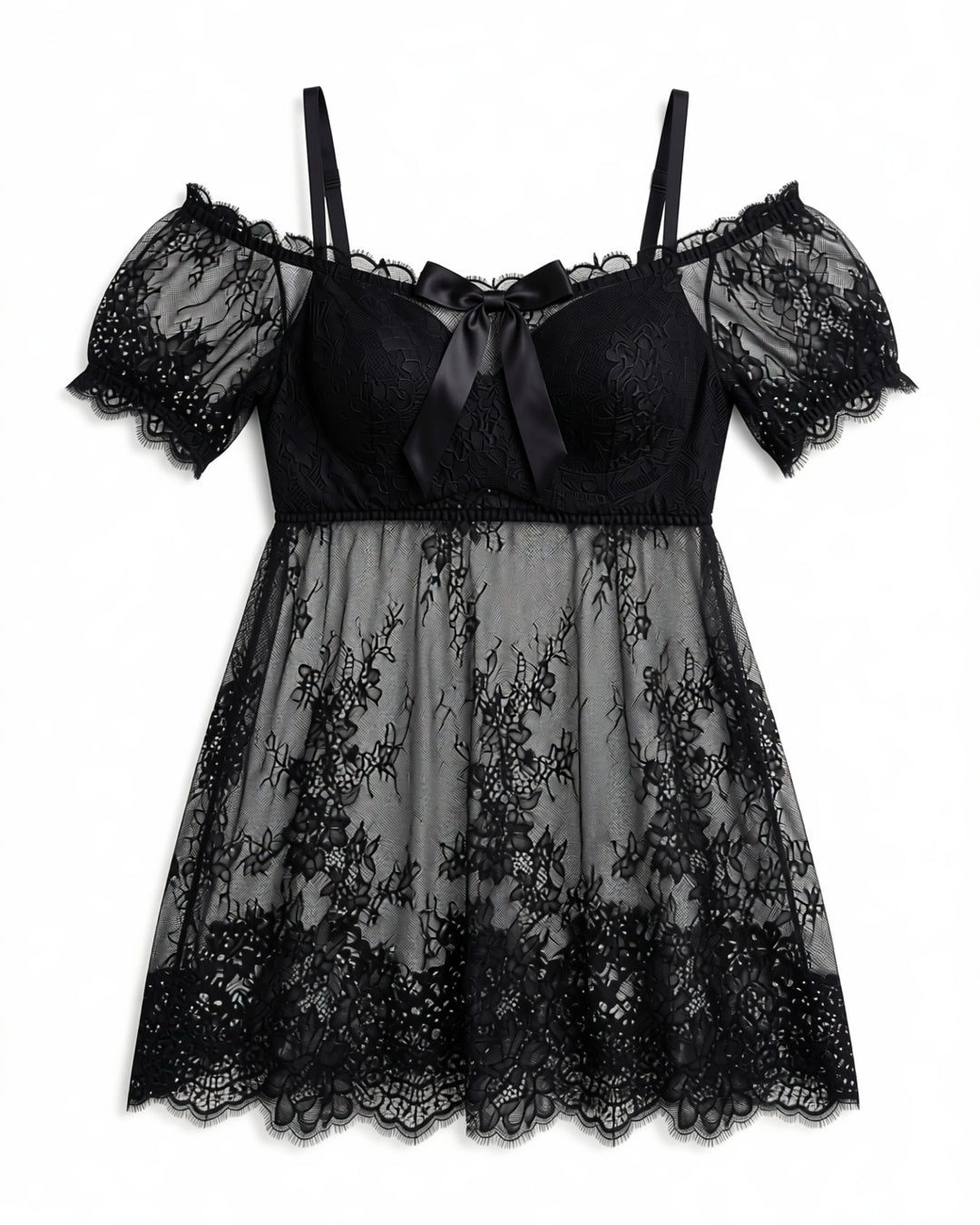 Plus Size Eyelash Lace Nightgown with Bow, laid flat to show the full piece.