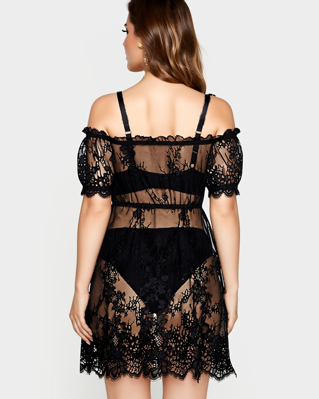 Plus Size Eyelash Lace Nightgown with Bow, back view on model Layla (EUP-W04). The thong is styling only. onmodel