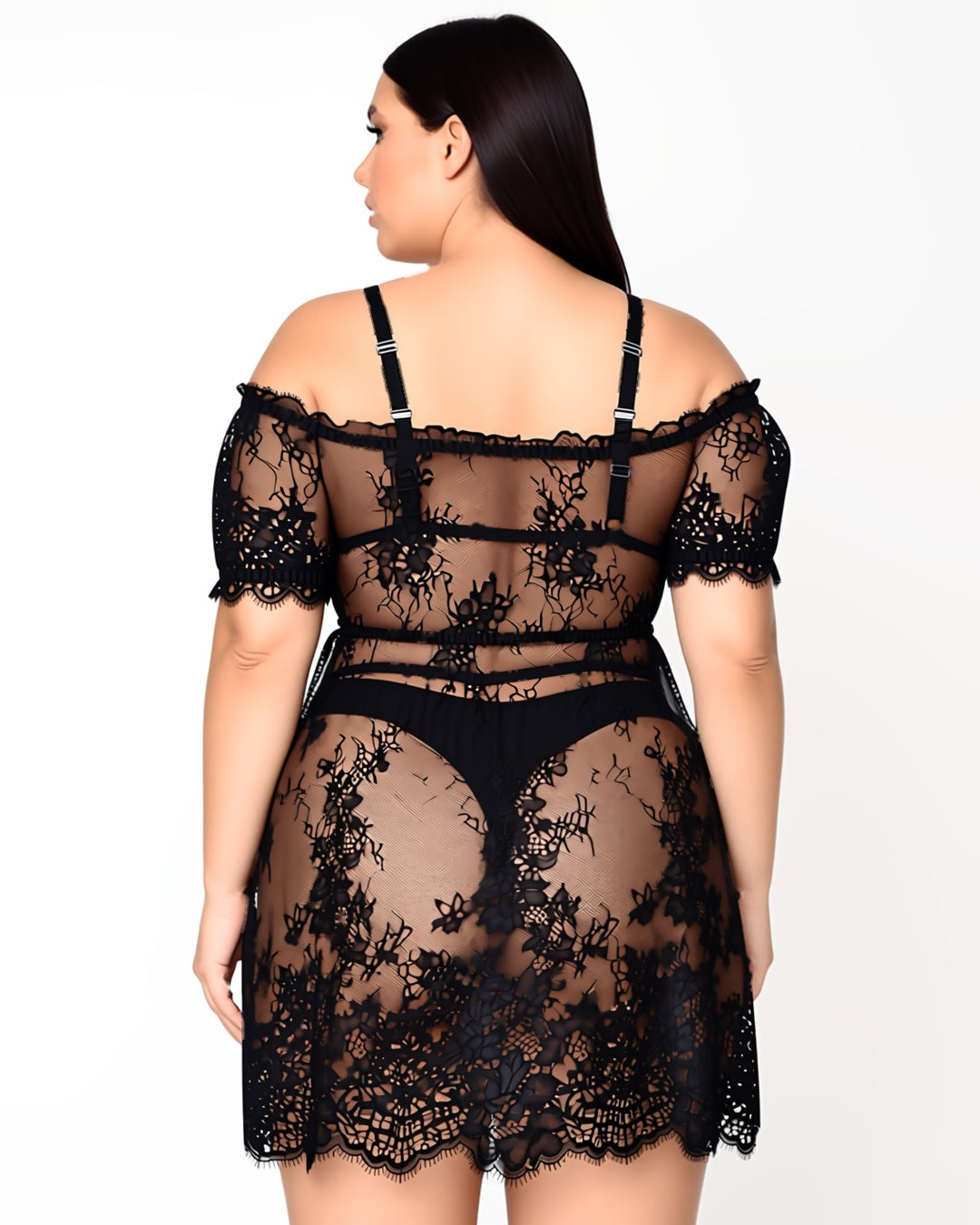 Plus Size Eyelash Lace Nightgown with Bow, back view on model Reem (EUP-W05). The thong is styling only. onmodel