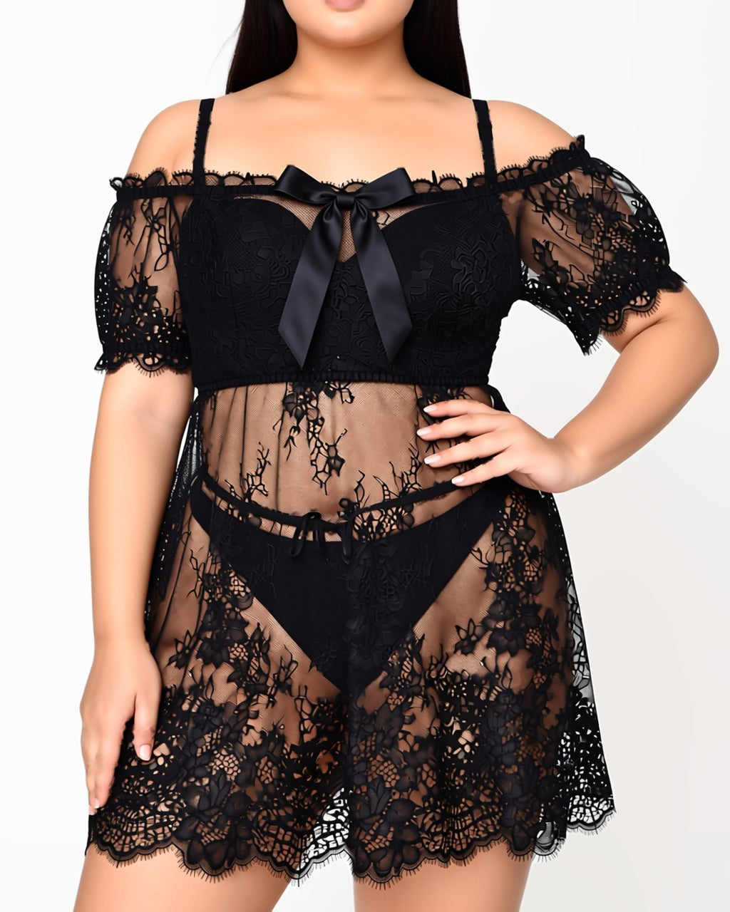 Plus Size Eyelash Lace Nightgown with Bow, front view on model Reem (EUP-W05). The thong is styling only. onmodel