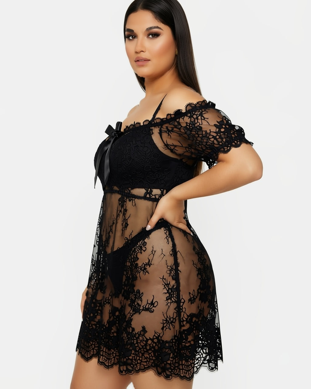 Plus Size Eyelash Lace Nightgown with Bow, three-quarter view on model Reem (EUP-W05). The thong is styling only. onmodel