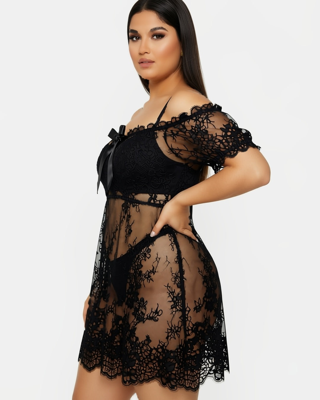 Plus Size Eyelash Lace Nightgown with Bow, three-quarter view on model Reem (EUP-W05). The thong is styling only. onmodel