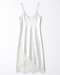 Plus Size Long Satin Slip with Lace Hem in White, laid flat to show the full piece.