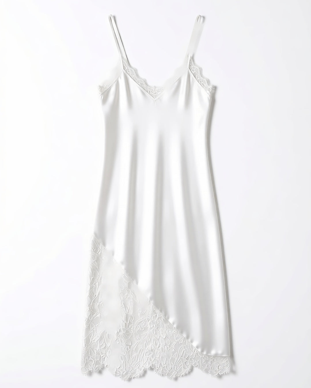 Plus Size Long Satin Slip with Lace Hem in White, laid flat to show the full piece.