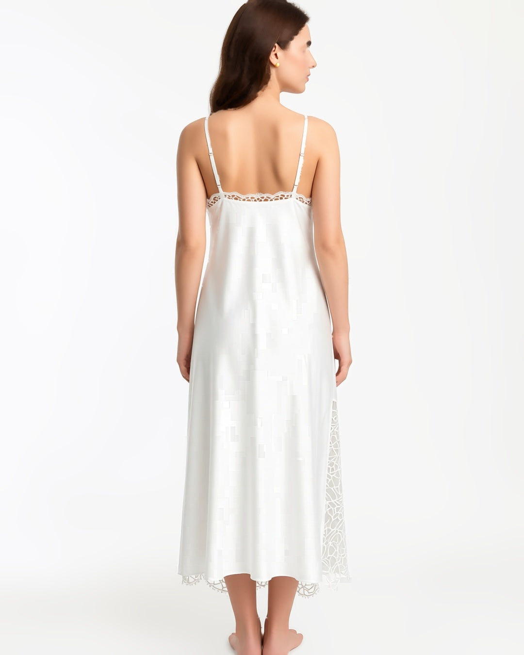 Plus Size Long Satin Slip with Lace Hem in White, back view on model Layla (EUP-W04). onmodel