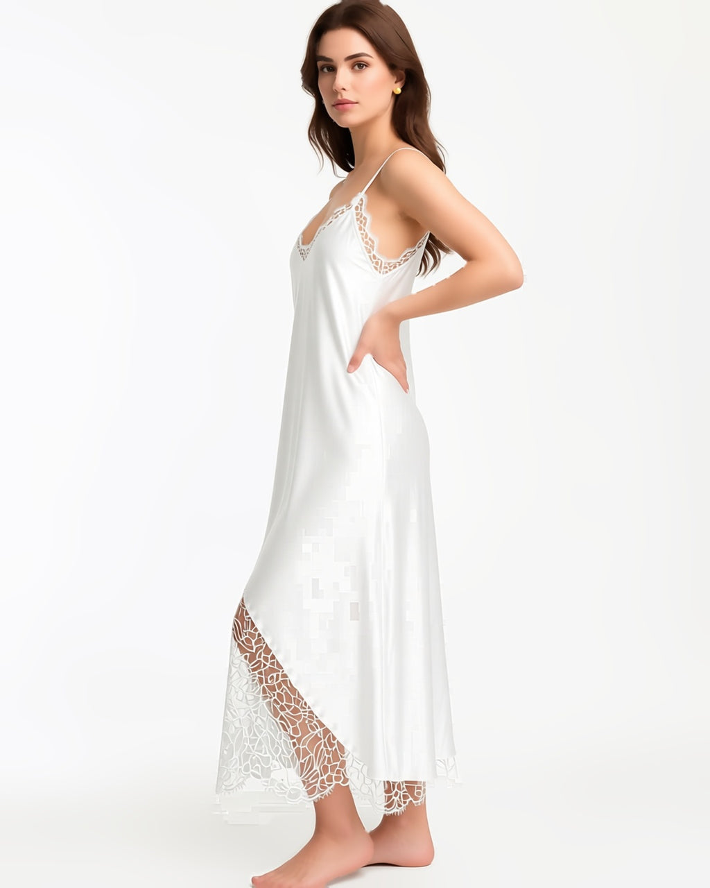 Plus Size Long Satin Slip with Lace Hem in White, three-quarter view on model Layla (EUP-W04). onmodel