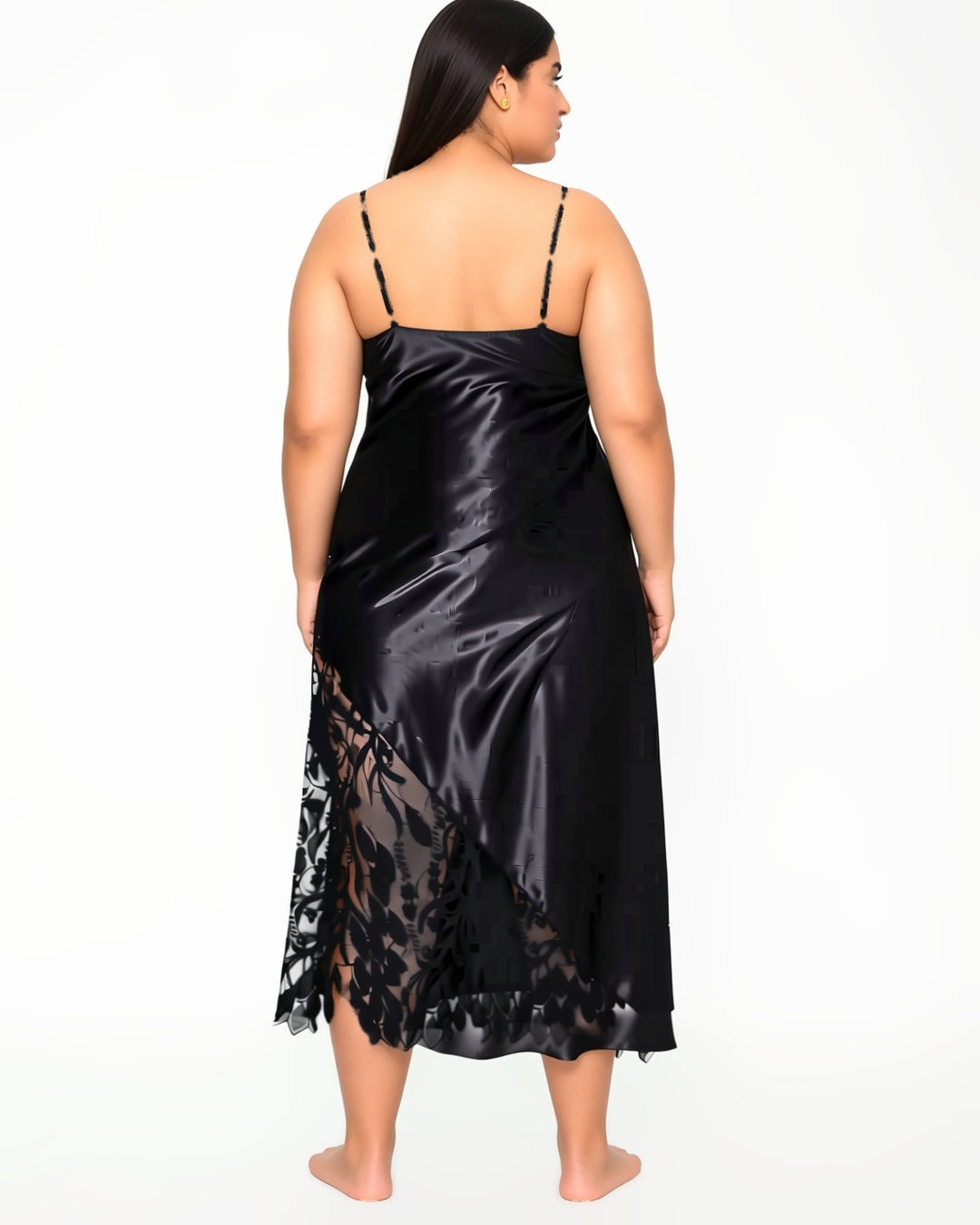 Plus Size Long Satin Slip with Lace Hem in Black, back view on model Reem (EUP-W05). onmodel