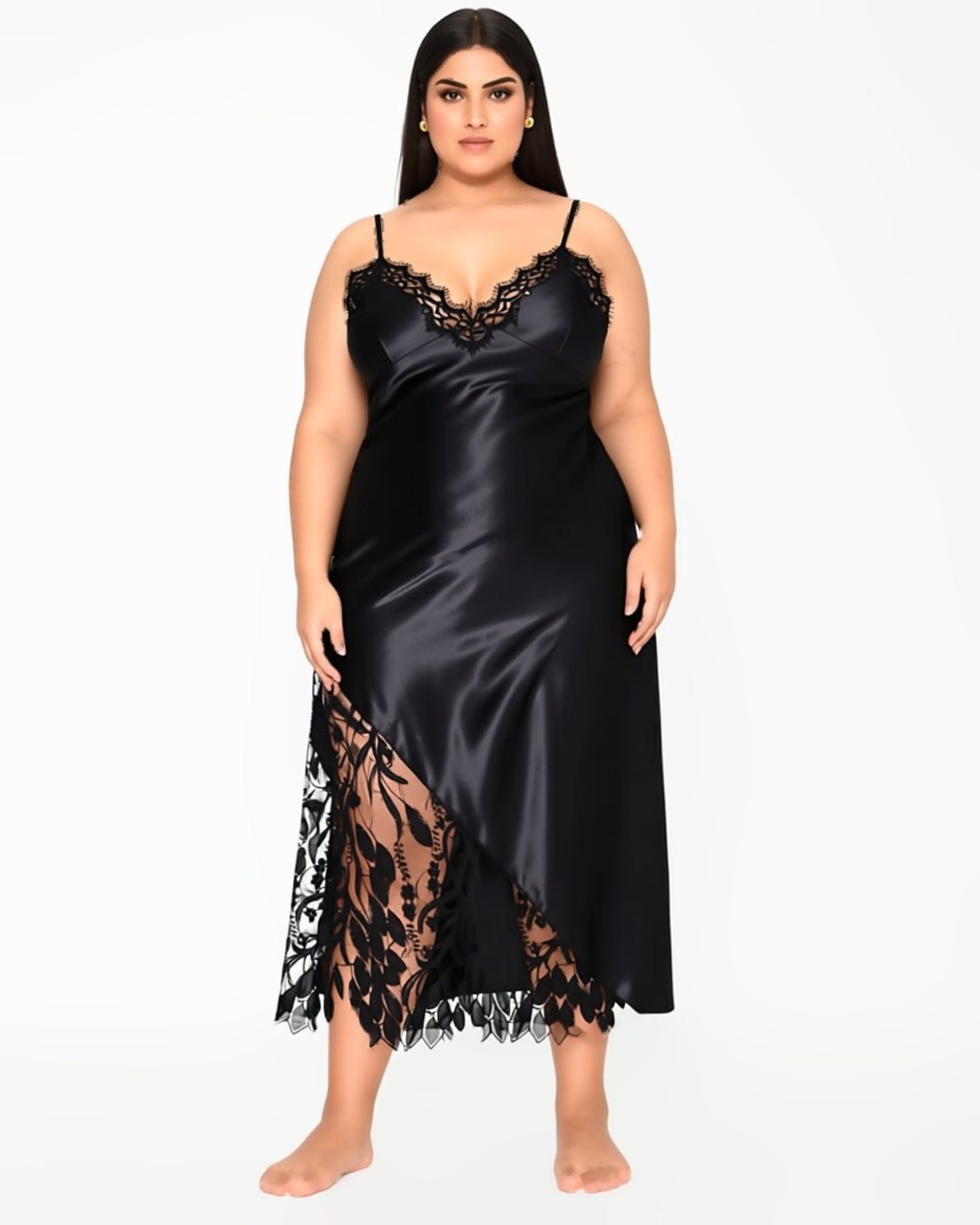 Plus Size Long Satin Slip with Lace Hem in Black, front view on model Reem (EUP-W05). onmodel