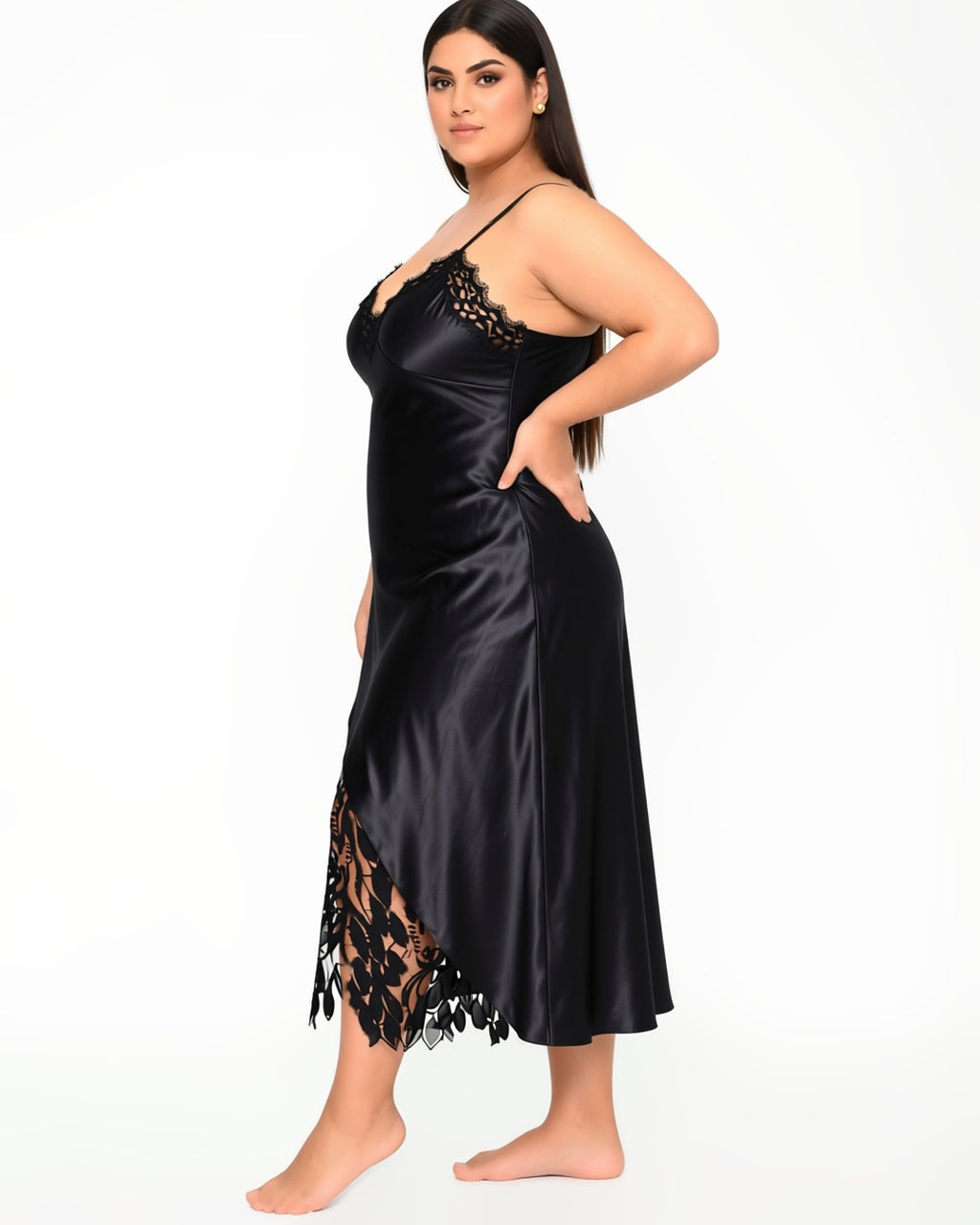 Plus Size Long Satin Slip with Lace Hem in Black, three-quarter view on model Reem (EUP-W05). onmodel