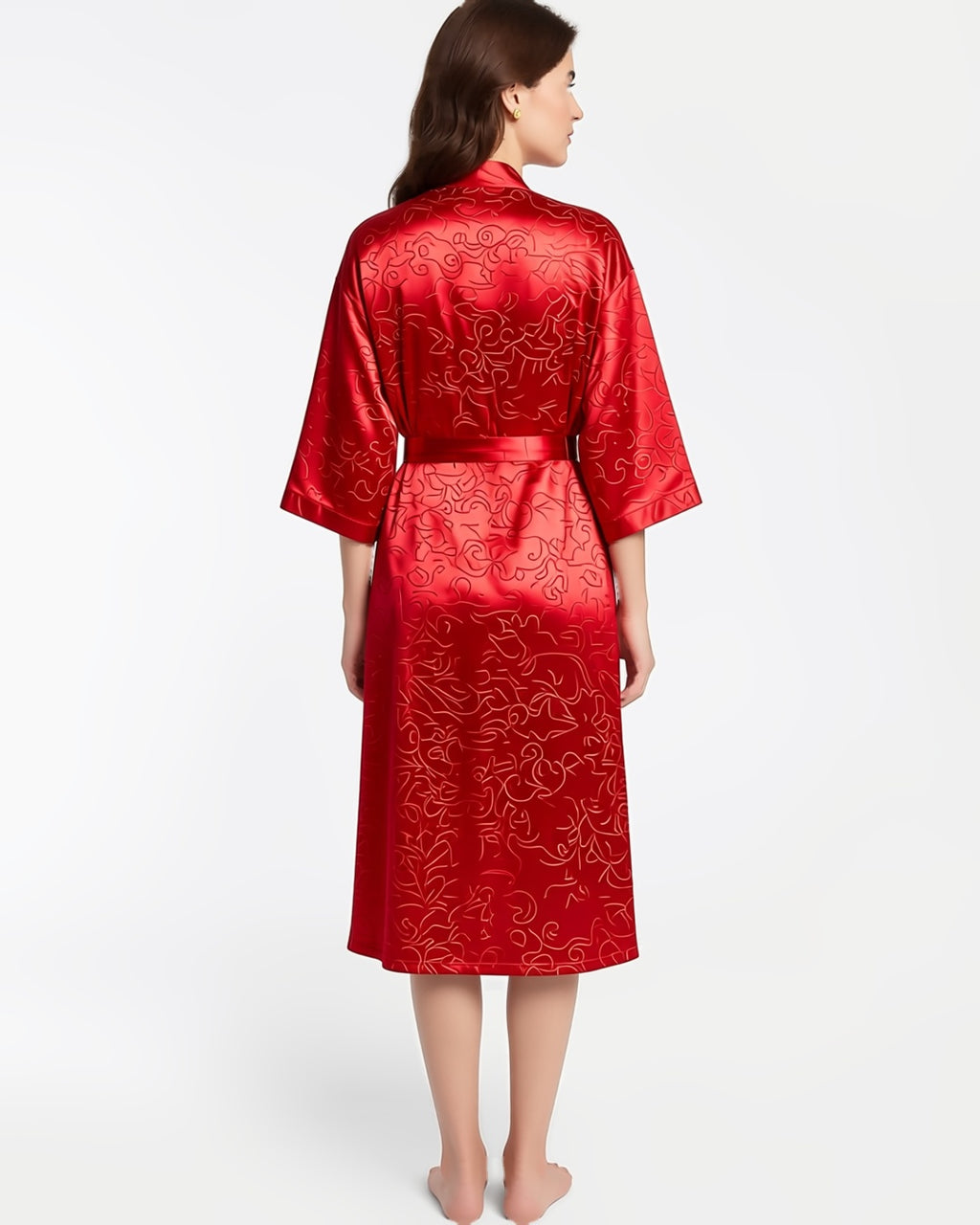 Plus Size Long Satin Robe, back view on model Layla (EUP-W04). onmodel