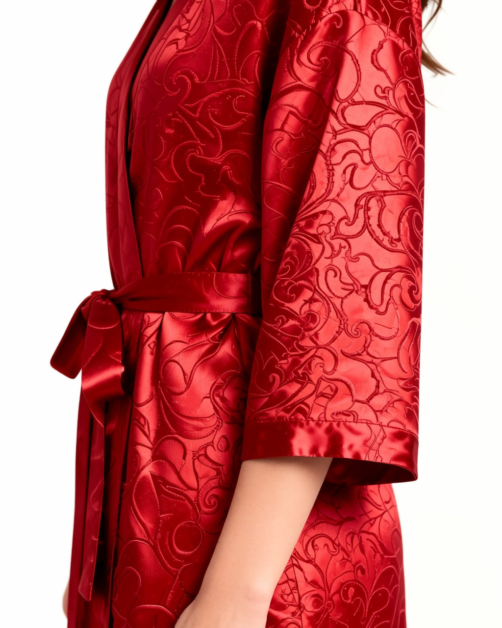 Plus Size Long Satin Robe, detail close-up of the wide three-quarter sleeve and the tied satin belt. onmodel