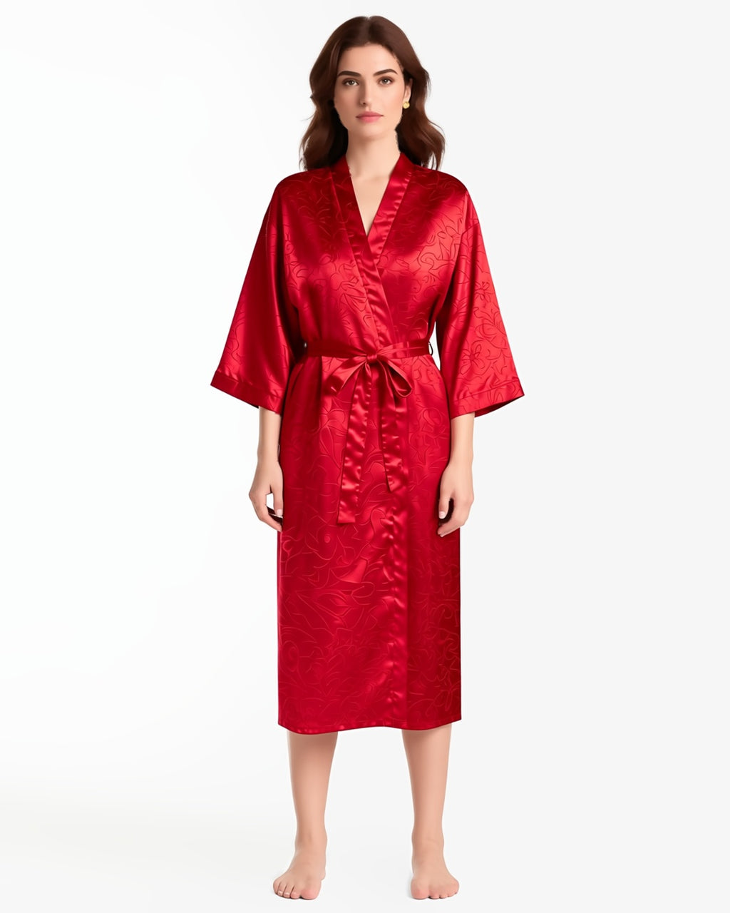 Plus Size Long Satin Robe, front view on model Layla (EUP-W04). onmodel