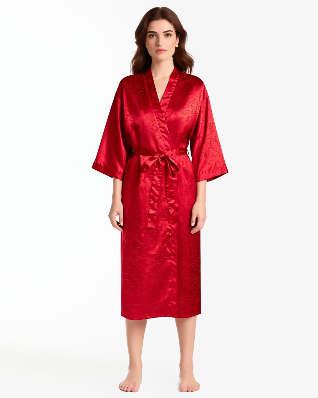 Plus Size Long Satin Robe, front view on model Layla (EUP-W04). onmodel