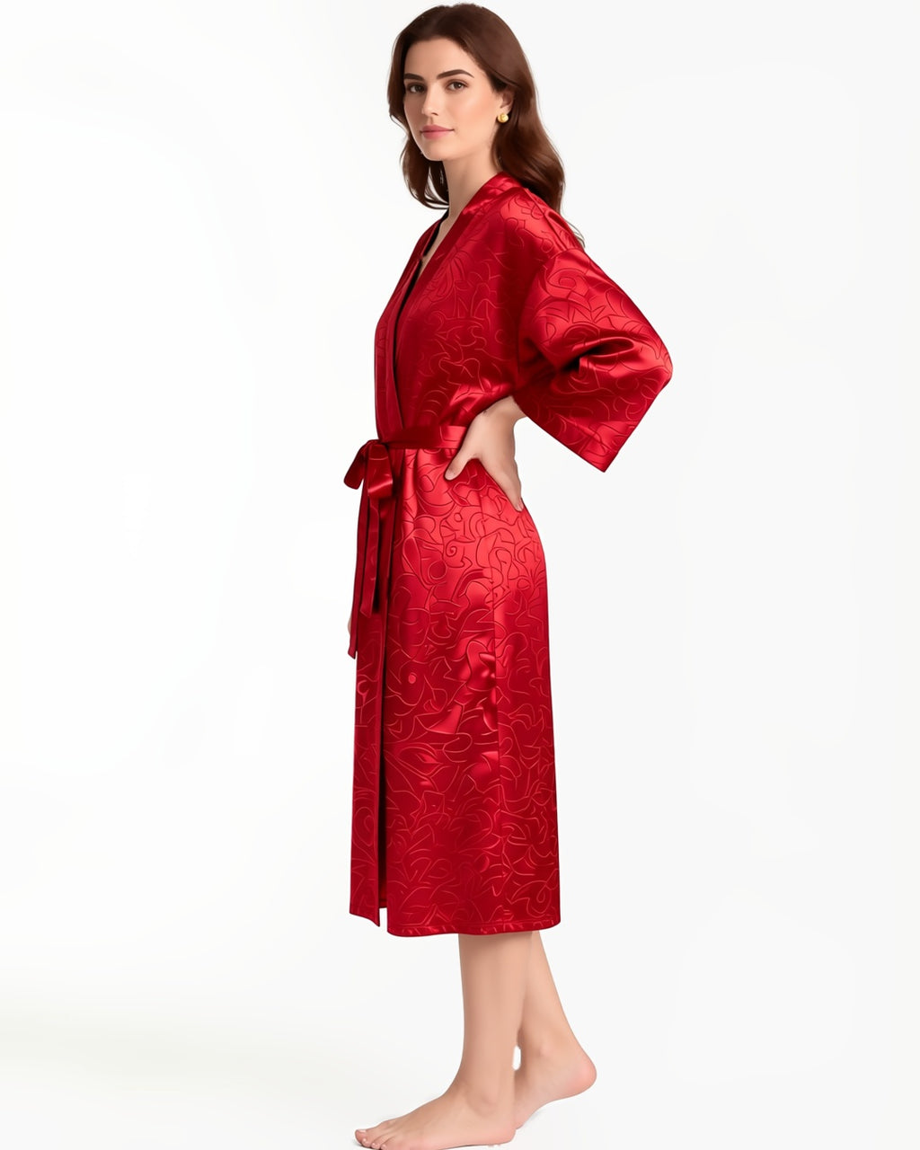 Plus Size Long Satin Robe, three-quarter view on model Layla (EUP-W04). onmodel