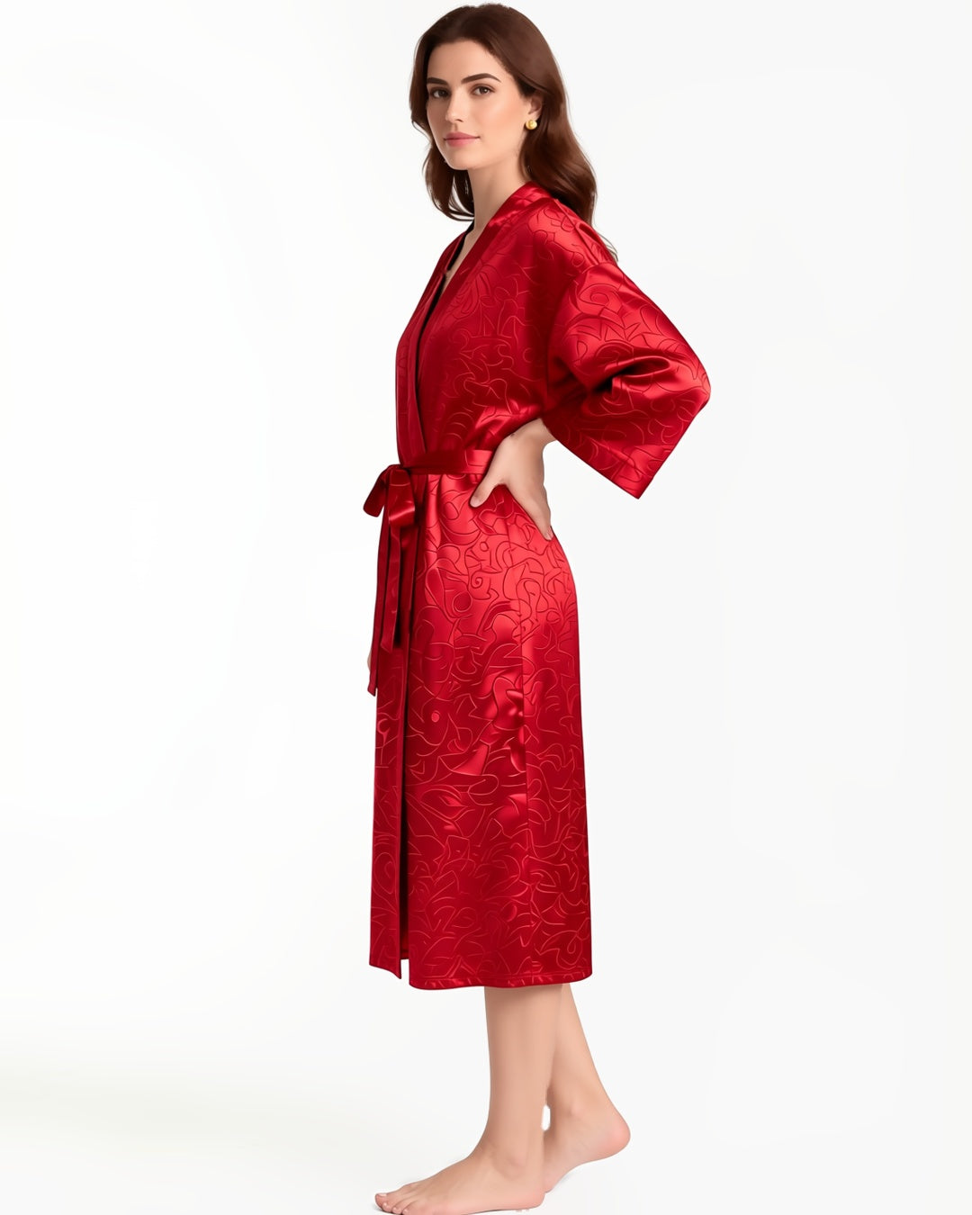 Plus Size Long Satin Robe, three-quarter view on model Layla (EUP-W04). onmodel