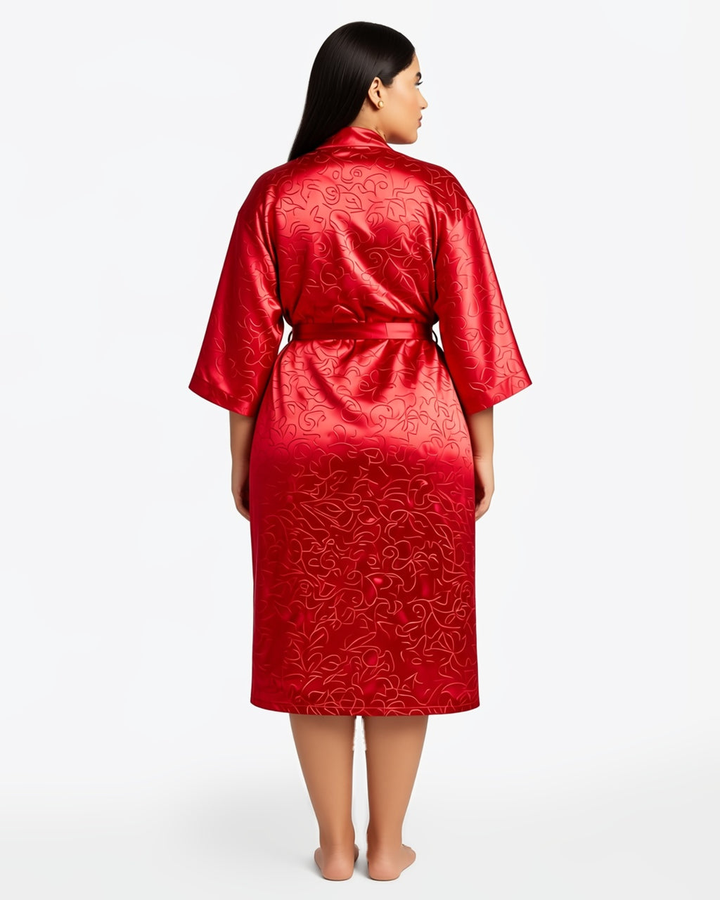 Plus Size Long Satin Robe, back view on model Reem (EUP-W05). onmodel
