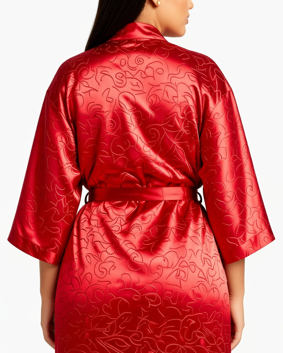 Plus Size Long Satin Robe, detail close-up of the back of the closed robe and its tied belt. onmodel