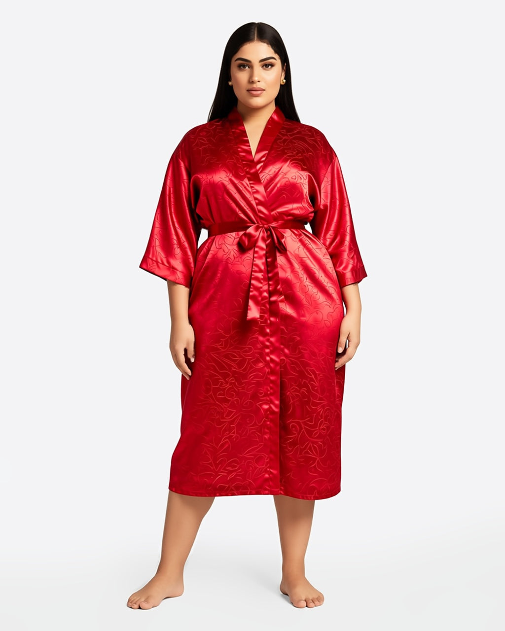 Plus Size Long Satin Robe, front view on model Reem (EUP-W05). onmodel