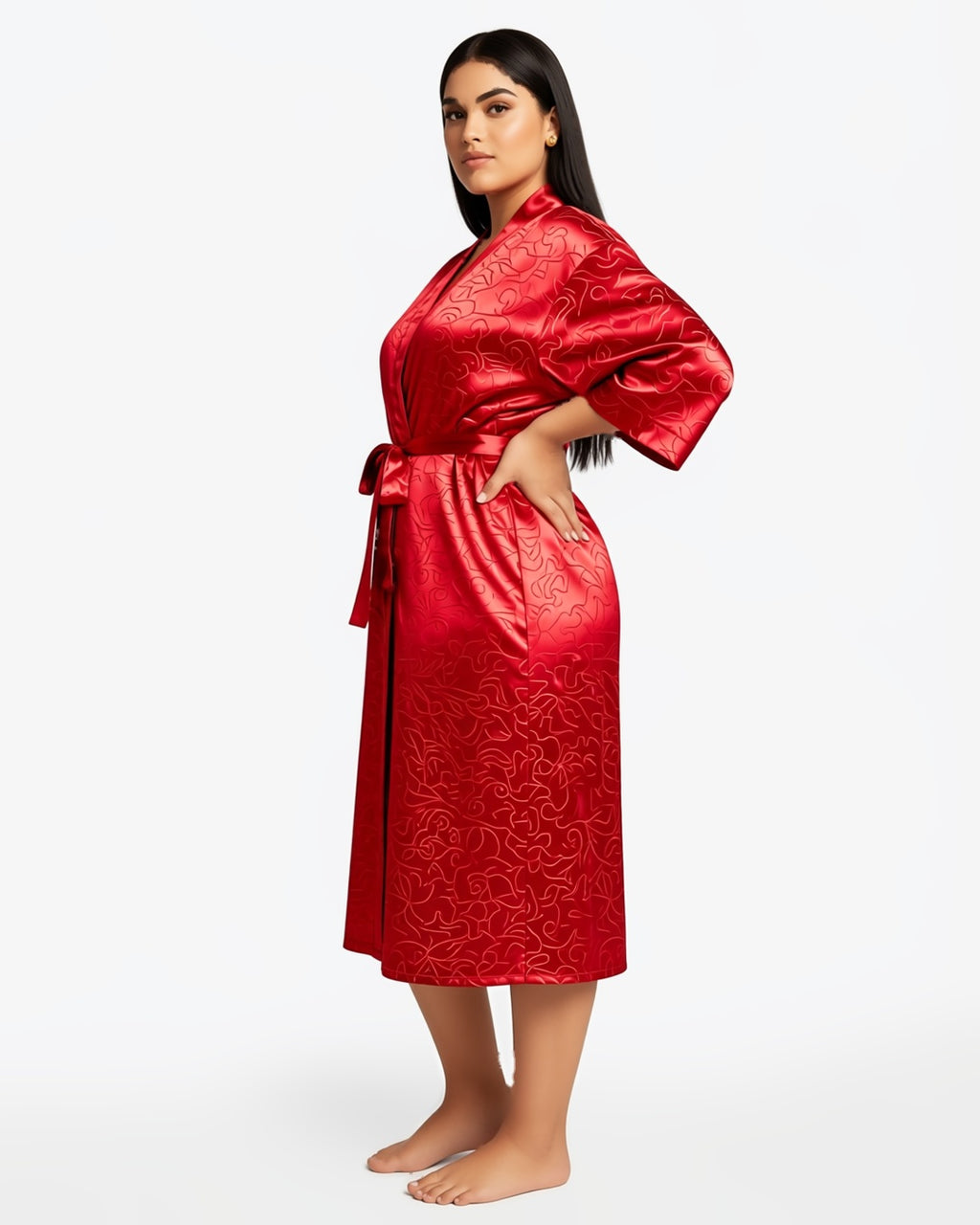 Plus Size Long Satin Robe, three-quarter view on model Reem (EUP-W05). onmodel