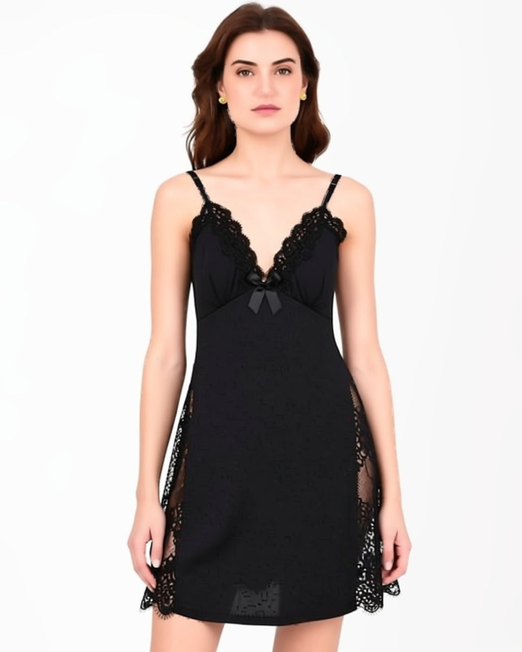 Plus Size Nightdress with Lace Side Panels, front view on model Layla (EUP-W04). onmodel